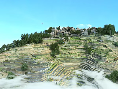 Scenic Terraced Fields on Hillside With Village and Clouds Under Blue Sky 3d model