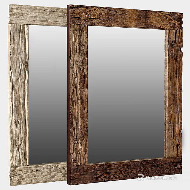 Rustic Double Panel Mirror With Natural Wooden Frame And Grain Texture 3d model 