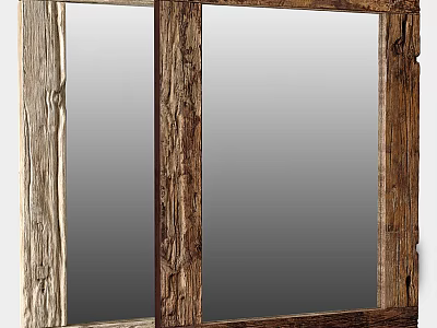 Rustic Double Panel Mirror With Natural Wooden Frame And Grain Texture 3d model