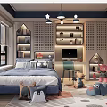 Modern Kids Room Interior With Blue Bed Geometric Shelves Plush Toys And Colorful Rug