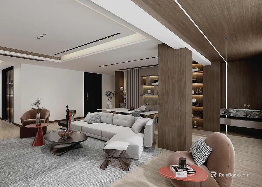 Modern Living and Dining Room Interior With Sofa Coffee Table And Wooden Cabinets 3d model 