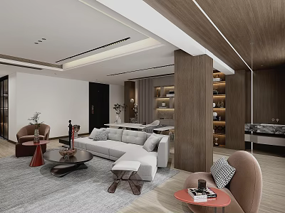 Modern Living and Dining Room Interior With Sofa Coffee Table And Wooden Cabinets 3d model
