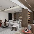 Modern Living and Dining Room Interior With Sofa Coffee Table And Wooden Cabinets