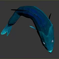 Blue Fish 3D Model With Green Stars On Dark Background And Reflective Surface