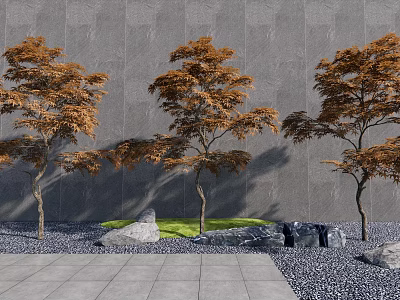 Three Trees with Orange Brown Leaves Against Gray Wall Stone Pavement and Rocks 3d model