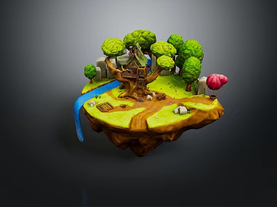 Enchanting Tree House Building on Floating Island with Trees Stream Path Pink Mushroom and Animals 3d model