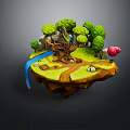 Enchanting Tree House Building on Floating Island with Trees Stream Path Pink Mushroom and Animals