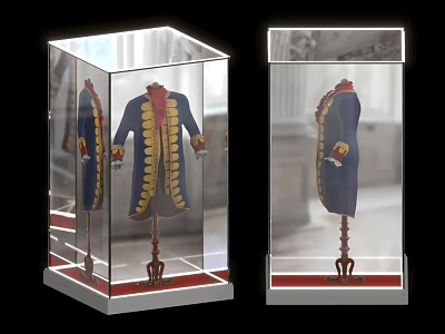 Vintage Formal Blue Garment With Yellow Buttons Red Accents In Transparent Display Case 3d model