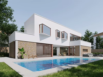 Detached Villa With White Exterior Stone Walls Swimming Pool And Lush Greenery 3d model