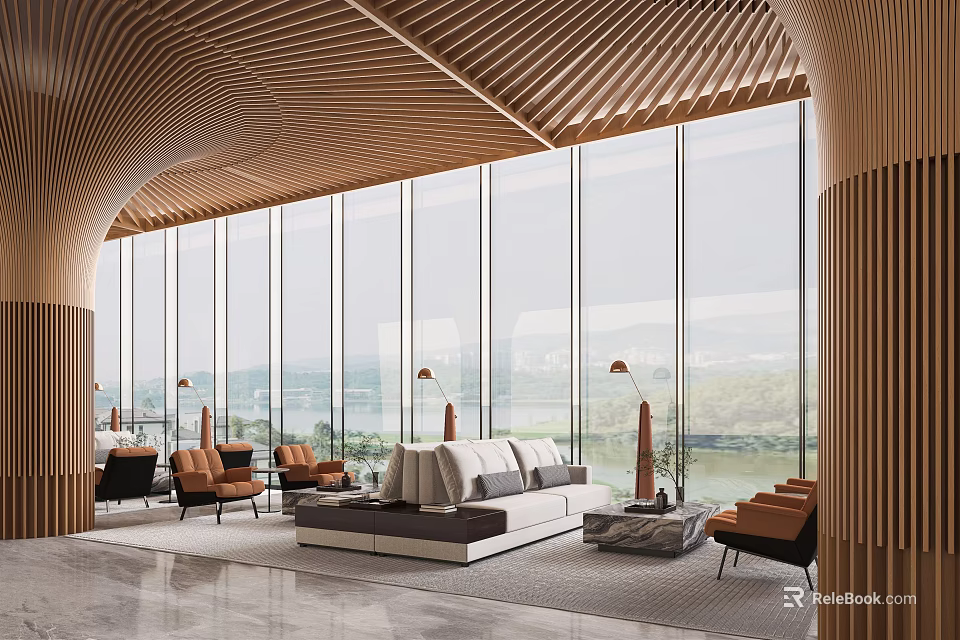 Modern Lounge Area With Large Windows Scenic View Sofa And Wooden Ceiling 3d model 