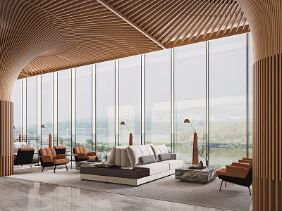 Modern Lounge Area With Large Windows Scenic View Sofa And Wooden Ceiling 3d model