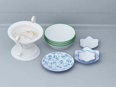 Vintage Tableware Set With Pedestal Bowl Green Rimmed Bowls Blue Floral Plates And Scalloped Dishes 3d model