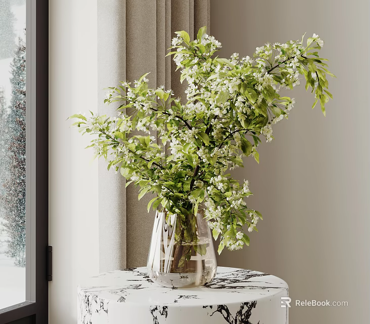 Transparent Vase With Green Branches And White Small Flowers On Round Patterned Table Curtain Backdrop 3d model