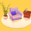 Cozy Purple Single Sofa with Blue Cushion beside Potted Plant Side Table and Photo Frame