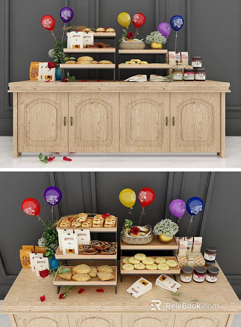 Wooden Display Cabinet Showcasing Pastries Snacks With Colorful Balloons And Flowers 3d model 