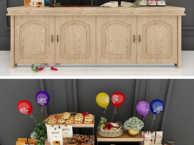 Wooden Display Cabinet Showcasing Pastries Snacks With Colorful Balloons And Flowers 3d model