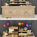 Wooden Display Cabinet Showcasing Pastries Snacks With Colorful Balloons And Flowers