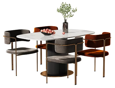 Modern Dining Table Set with Round White Top Gray Orange Chairs Gold Legs and Vase 3d model