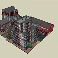 Historic Multi Story Brick Building With Red Structures Trees And Black Car