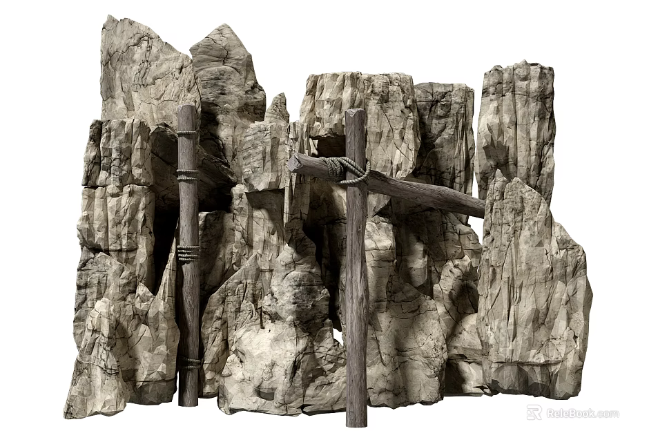 Natural Garden Ornament With Textured Rock Formations And Rustic Wooden Frames 3d model 