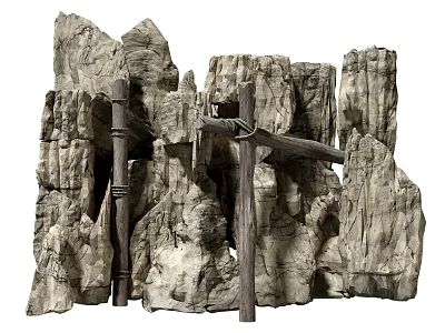 Natural Garden Ornament With Textured Rock Formations And Rustic Wooden Frames 3d model