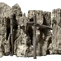 Natural Garden Ornament With Textured Rock Formations And Rustic Wooden Frames
