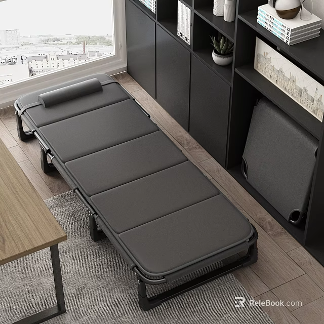 Foldable Single Bed in Modern Room With Wooden Table Cabinets and City View Window 3d model 