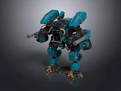 Blue Mech Character With Mechanical Armor And Dual Weapons Standing In Dark Background 3d model