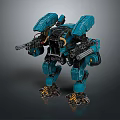 Blue Mech Character With Mechanical Armor And Dual Weapons Standing In Dark Background