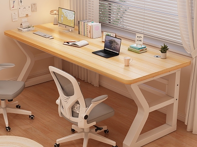 Desk Laptop Computer Mouse Keyboard Book Learning Chair Curtain Blinds Windowsill Green Planting Table Lamp Hanging Picture Post-it Notes Wood Floor Emulsion Paint Desk Calendar Cup model