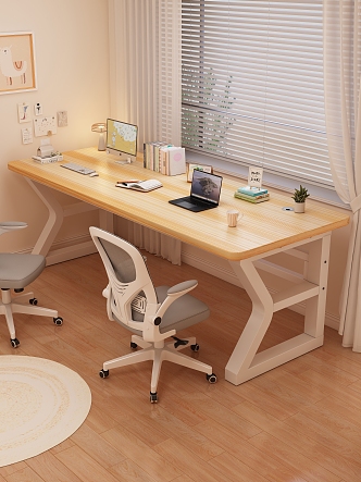 Desk Laptop Computer Mouse Keyboard Book Learning Chair Curtain Blinds Windowsill Green Planting Table Lamp Hanging Picture Post-it Notes Wood Floor Emulsion Paint Desk Calendar Cup 3d model