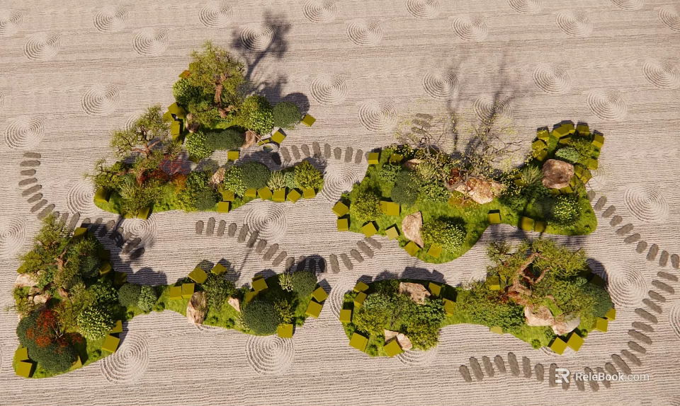 Micro Terrain Landscape Design With Green Plants Stone Paths And Small Shrubs 3d model 