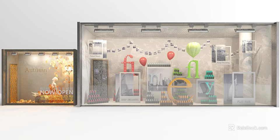 Attractive Storefront Window Display With Balloons Letter Decorations Photos and Open Sign 3d model 