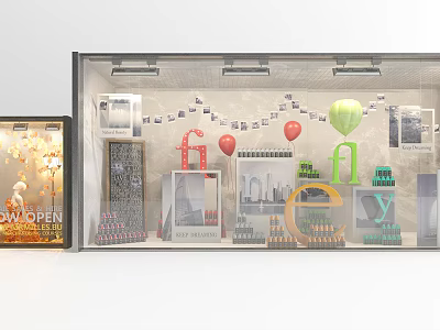 Attractive Storefront Window Display With Balloons Letter Decorations Photos and Open Sign 3d model