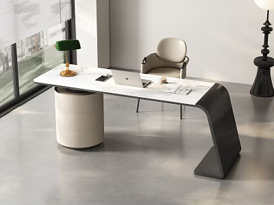 Modern Minimalist Desk White Tabletop Black Frame Green Lamp Laptop Chair By Floor Window 3d model