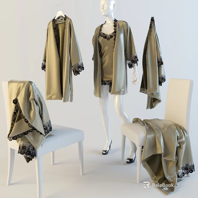 Light Green Silk Robe and Top Set with Black Lace Trim on Mannequin and Chairs 3d model 