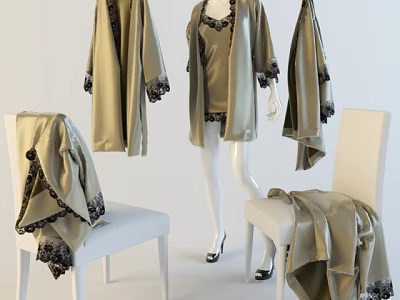 Light Green Silk Robe and Top Set with Black Lace Trim on Mannequin and Chairs 3d model