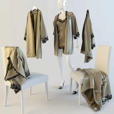 Light Green Silk Robe and Top Set with Black Lace Trim on Mannequin and Chairs 3d model