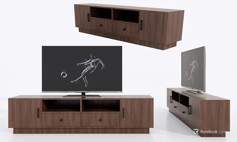 Modern Walnut TV Stand With Drawers And Open Compartments For Living Room 3d model 