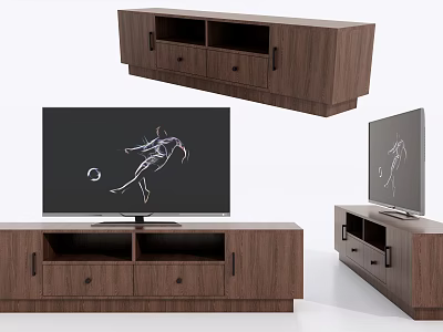 Modern Walnut TV Stand With Drawers And Open Compartments For Living Room 3d model