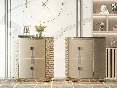 Luxury Modern Nightstands With Gold Quilted Surface Drawers And Vase On Top 3d model