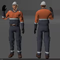 Man in Orange Gray Work Uniform With White Safety Helmet Waving Hand Front Back View