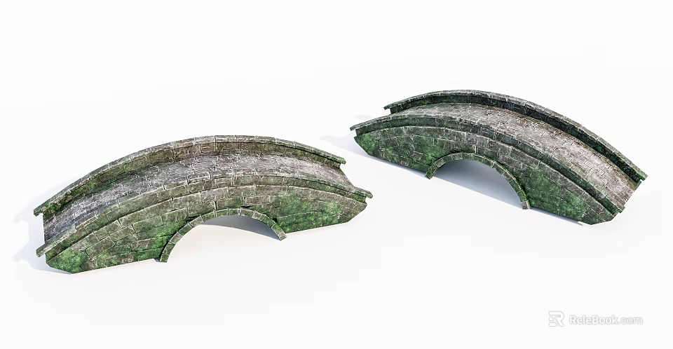 Two Traditional Moss Covered Stone Arch Landscape Bridges With Curved Design 3d model 