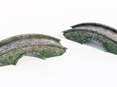 Two Traditional Moss Covered Stone Arch Landscape Bridges With Curved Design 3d model