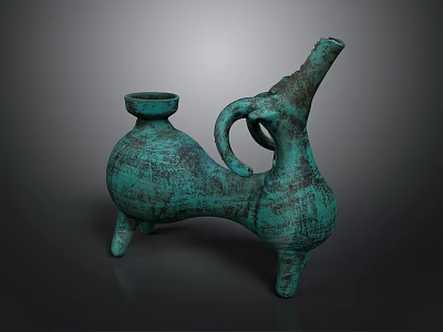 Ancient Bronze Sculpture With Turquoise Patina Three Legged Curved Handle And Slender Spout 3d model