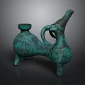 Ancient Bronze Sculpture With Turquoise Patina Three Legged Curved Handle And Slender Spout