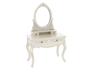 Elegant White Dressing Table With Carved Details Oval Mirror And Curved Legs 3d model