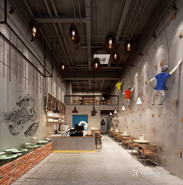 Climbing Theme Restaurant Interior With Lobster Graffiti On Wall Tables Chairs And Pendant Lights 3d model 