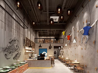 Climbing Theme Restaurant Interior With Lobster Graffiti On Wall Tables Chairs And Pendant Lights 3d model