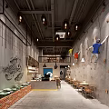 Climbing Theme Restaurant Interior With Lobster Graffiti On Wall Tables Chairs And Pendant Lights